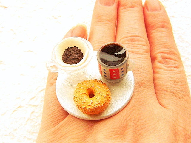 Miniature Food Ring Bagel Coffee Cute Food Jewelry