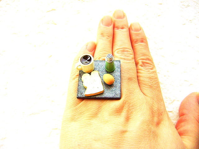 Food Ring Coffee Egg Toast Miniature Food Jewelry