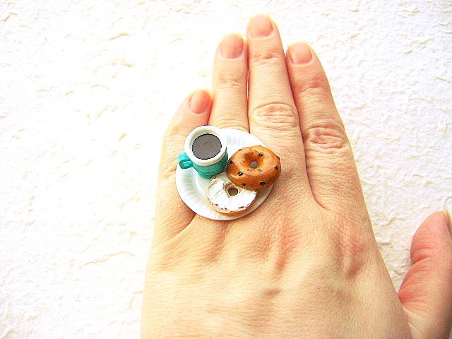 Kawaii Food Ring Lunch At The Office Coffee Bagel Miniature Food Jewelry