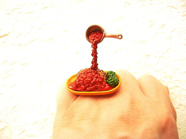 Floating Ring Miniature Food Jewelry Hamburger Steak Broccoli