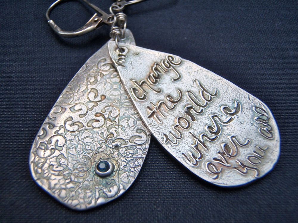 bohemian silver earrings . large silver and sapphire earrings . inspirational quote jewelry by peacesofindigo