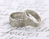 recycled silver wedding band set . engraved once upon a time ring . recycled silver swirl wedding ring set by peacesofindigo