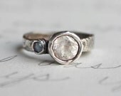 herkimer diamond engagement ring .  recycled silver diamond and aquamarine ring . custom size and handwritten secret message . free shipping - peacesofindigo