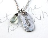 balance paisley charm necklace . recycled silver pendant necklace with pearl and moss aquamarine . inspirational jewelry
