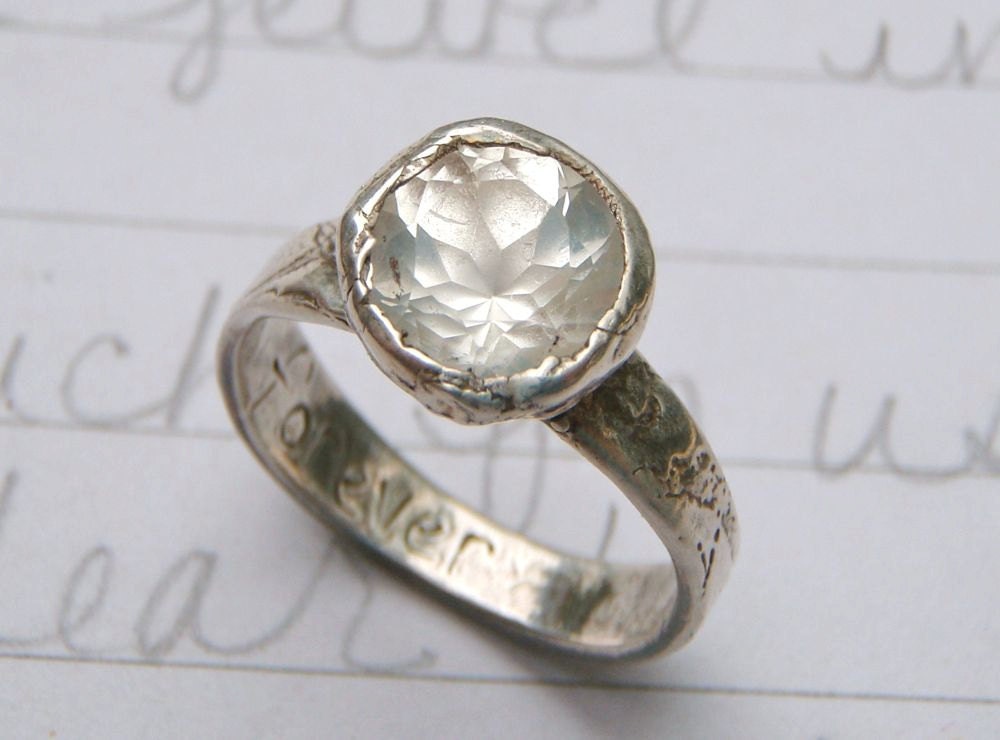 2 carat Herkimer diamond and recycled silver engagement ring .  textured band . forever inscription