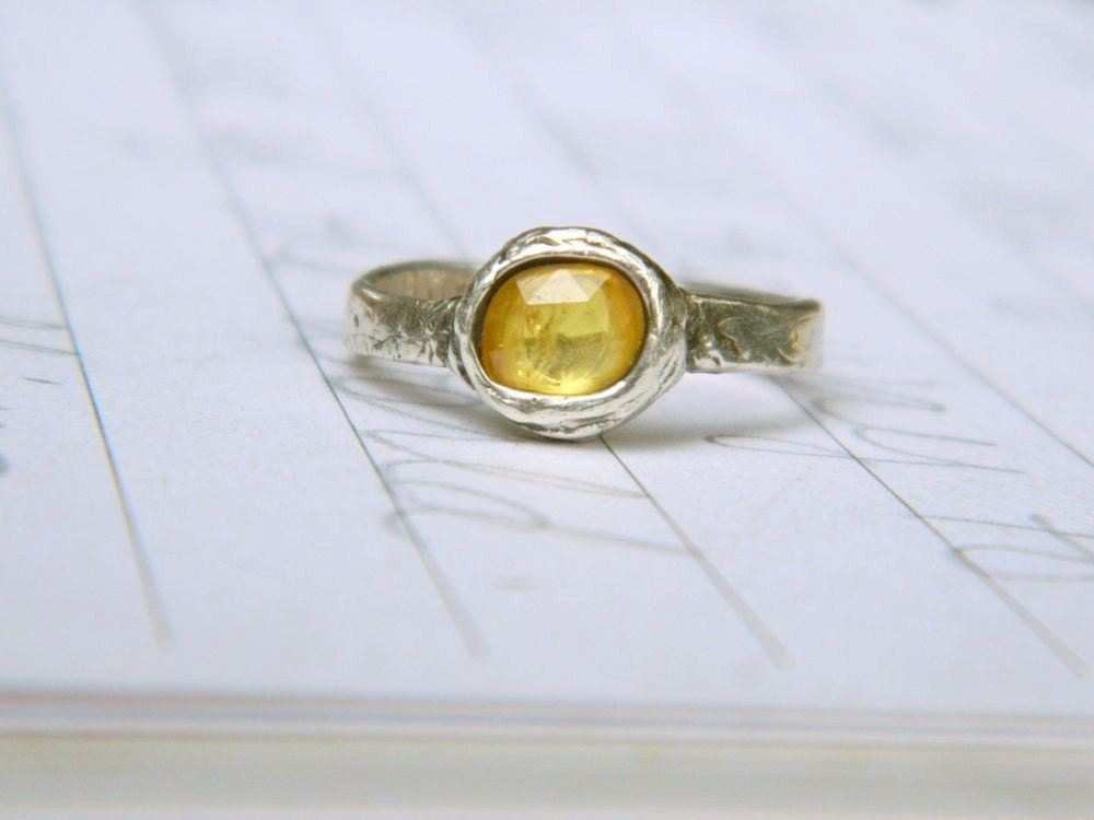 yellow sapphire engagement ring . rose cut sapphire alternative engagement ring . rustic ring . engraved illuminate ring made to order