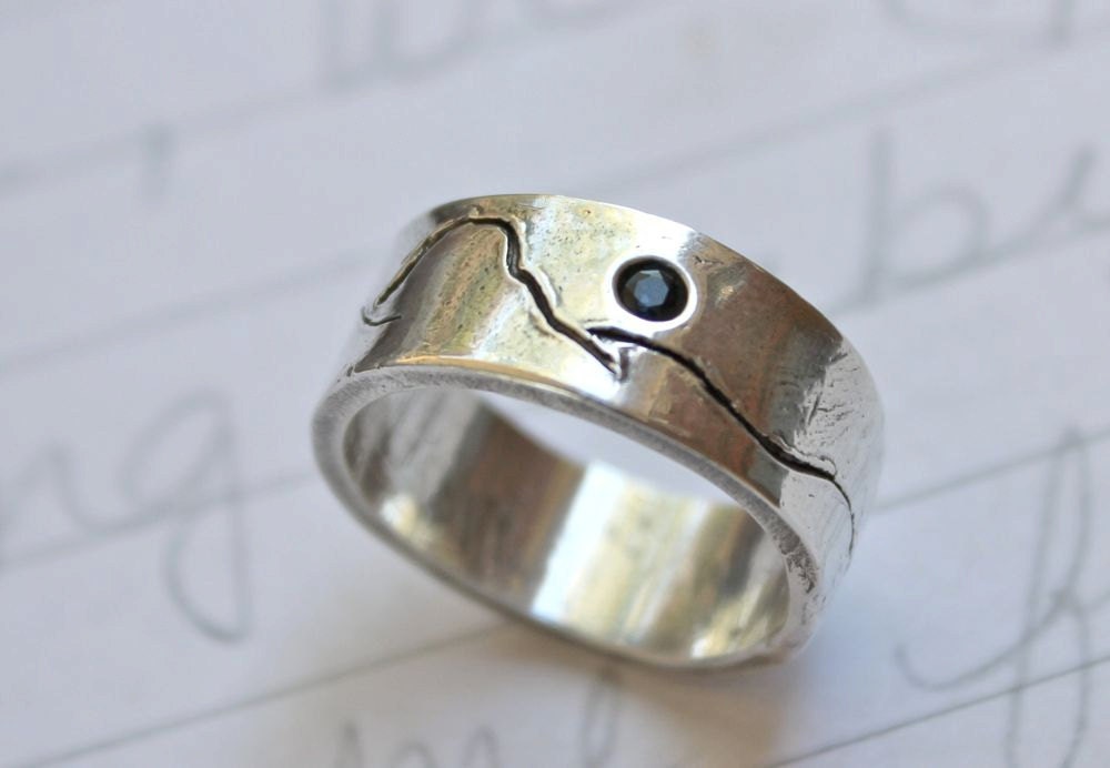 rustic mountain wedding band ring . eco friendly recycled silver mountain landscape band . unisex blue sapphire alternative ring . engraved