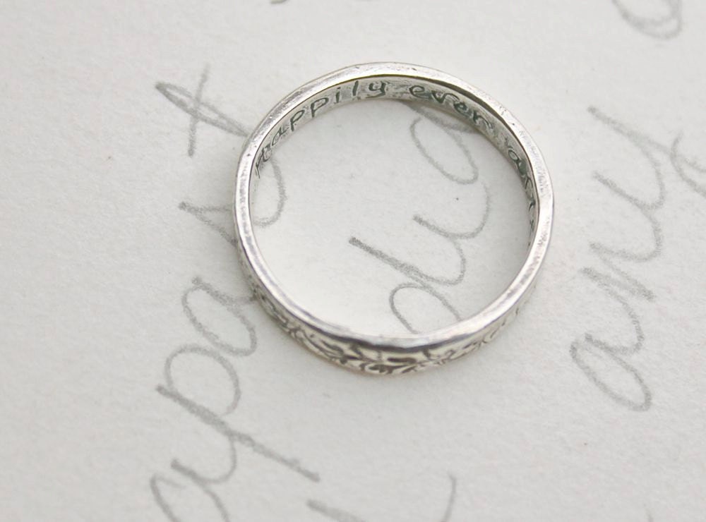 thin wedding band ring with vines . recycled silver leaf wedding bands . engraved message rings . made to order