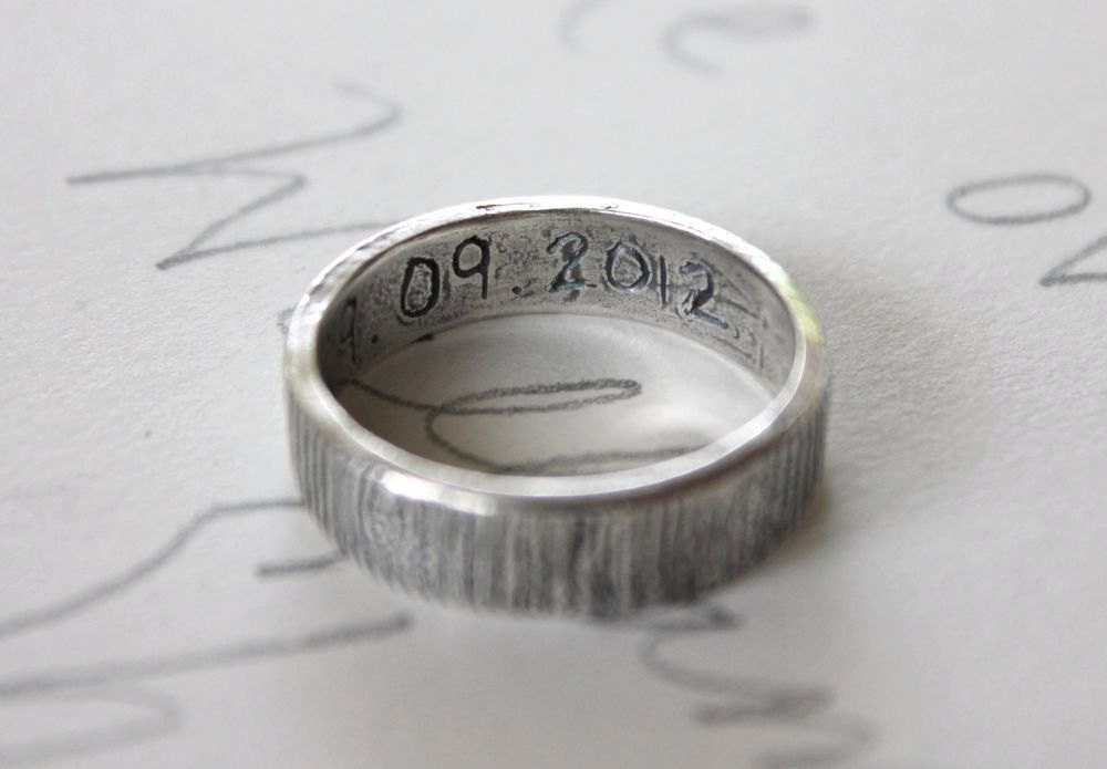 rustic bark wedding band ring with carved initials in hearts . simple personalized mens recycled silver wedding band