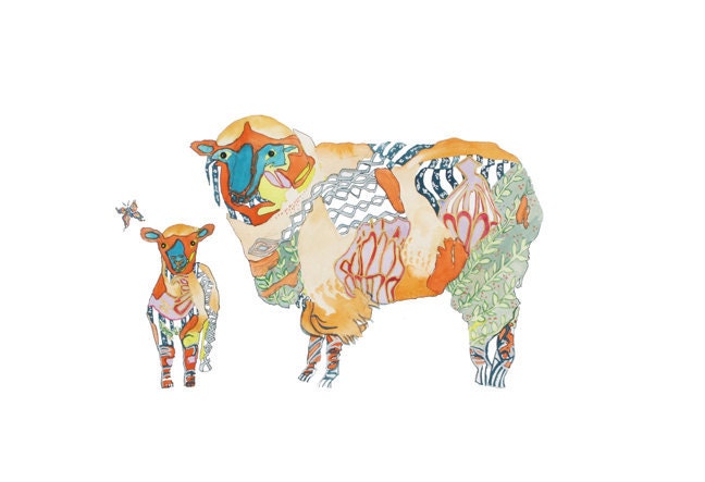 Sheep and lamb - limited edition print- animal art print- 13 x19
