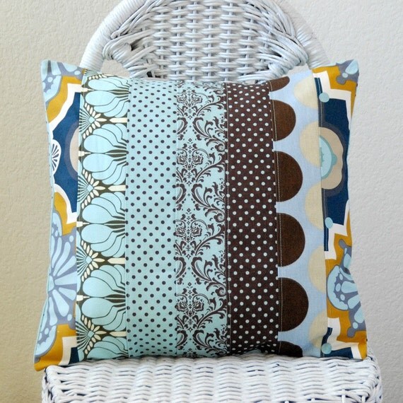 Medely in Blue Brown Patchwork 16x16 Pillow Cover