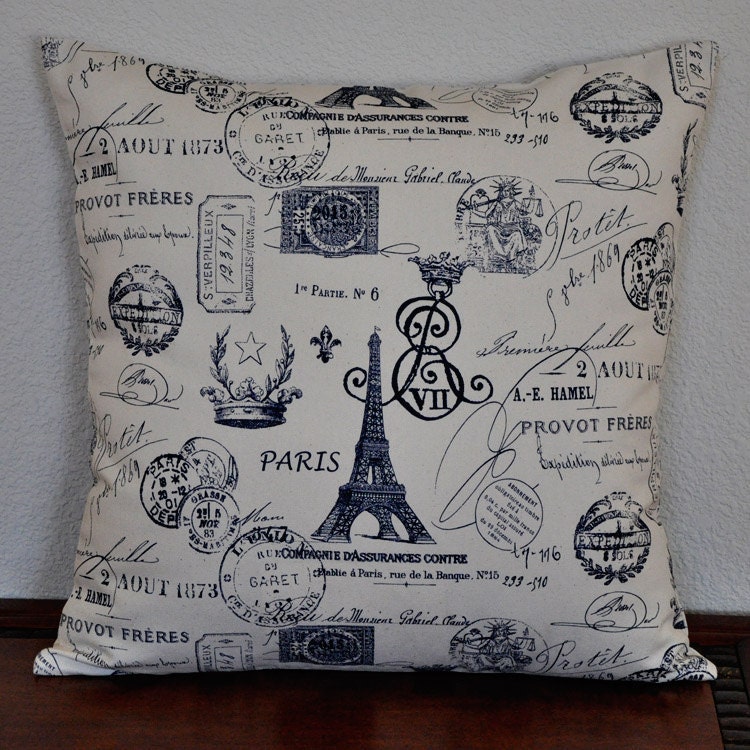 Decorative Pillow: French Stamps and Script in Navy on Natural Background. 20x20 Decorative Pillow Cover