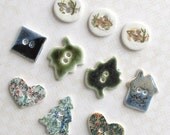 SALE...Handmade Porcelain Button Medley 1.  Ten Rustic Cabin Theme Buttons.  Fish, Leaves, Cabin, Pine Tree, Hearts & Square