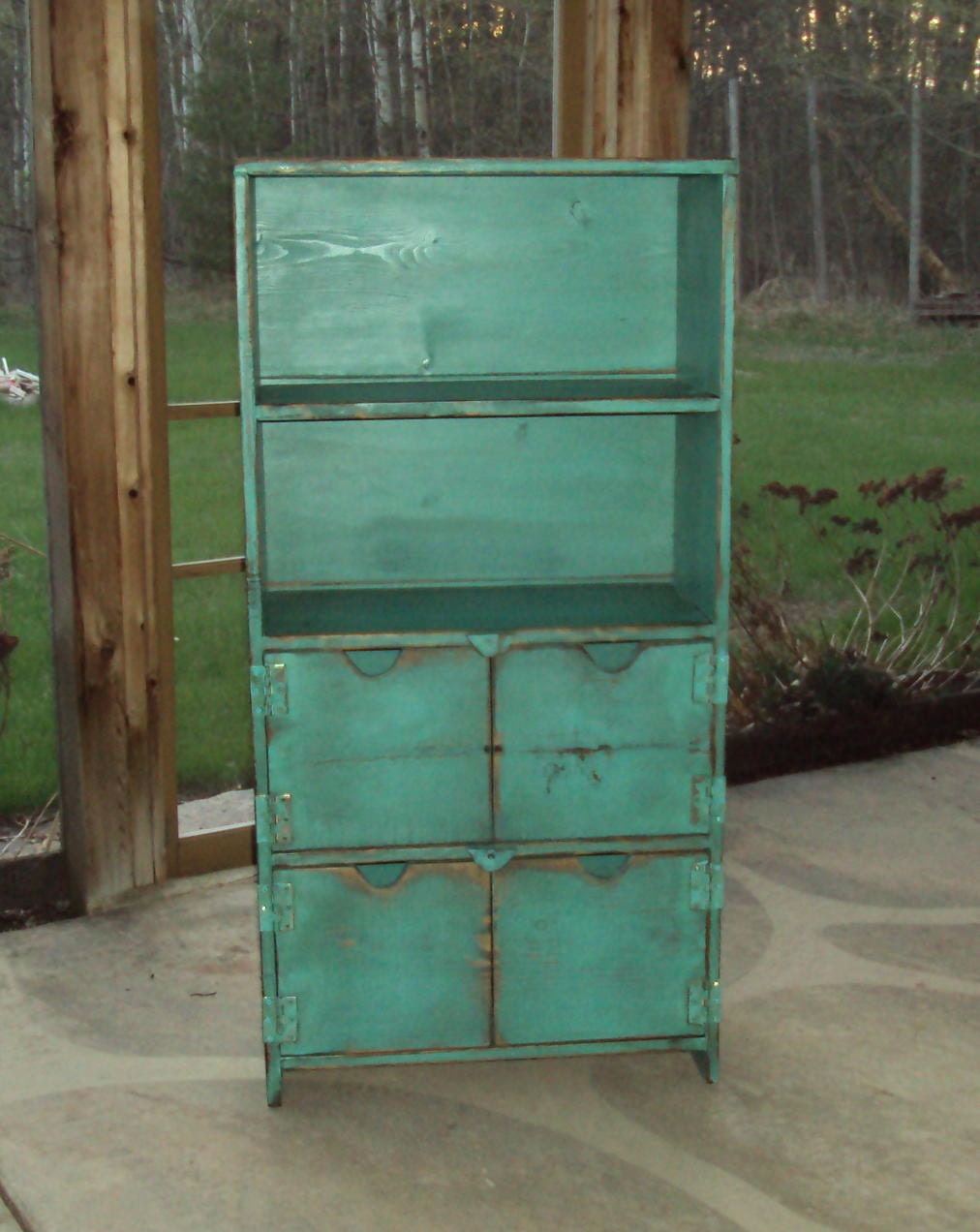 48 Inch TALL Distressed Turquoise Book Case Storage Unit SHABBY CHIC Contemporary wood wooden Entertainment Center Mini Bar