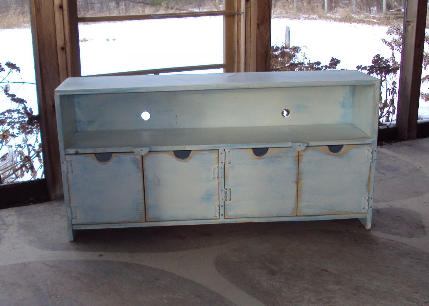 TV Cabinet Storage Bench 48 Inch wide SHABBY CHIC  Plazma big screen Entertainment Center  White over Robins Egg Blue Primitive caribbean