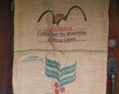 2 Coffee Bean Bags Brazil Burlap Coffee Sacks 3 Large Graphics Red Green Yellow Black Natural Jute Sisal Fiber ECO Upcycle Upholstery