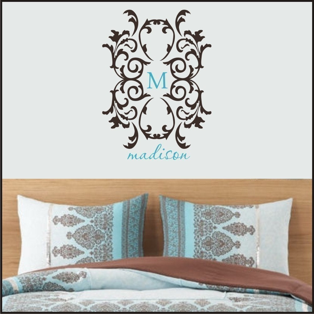 DAMASK VINYL DECAL Large Size - 22x30 - with name and initial - girl room - family name- decal