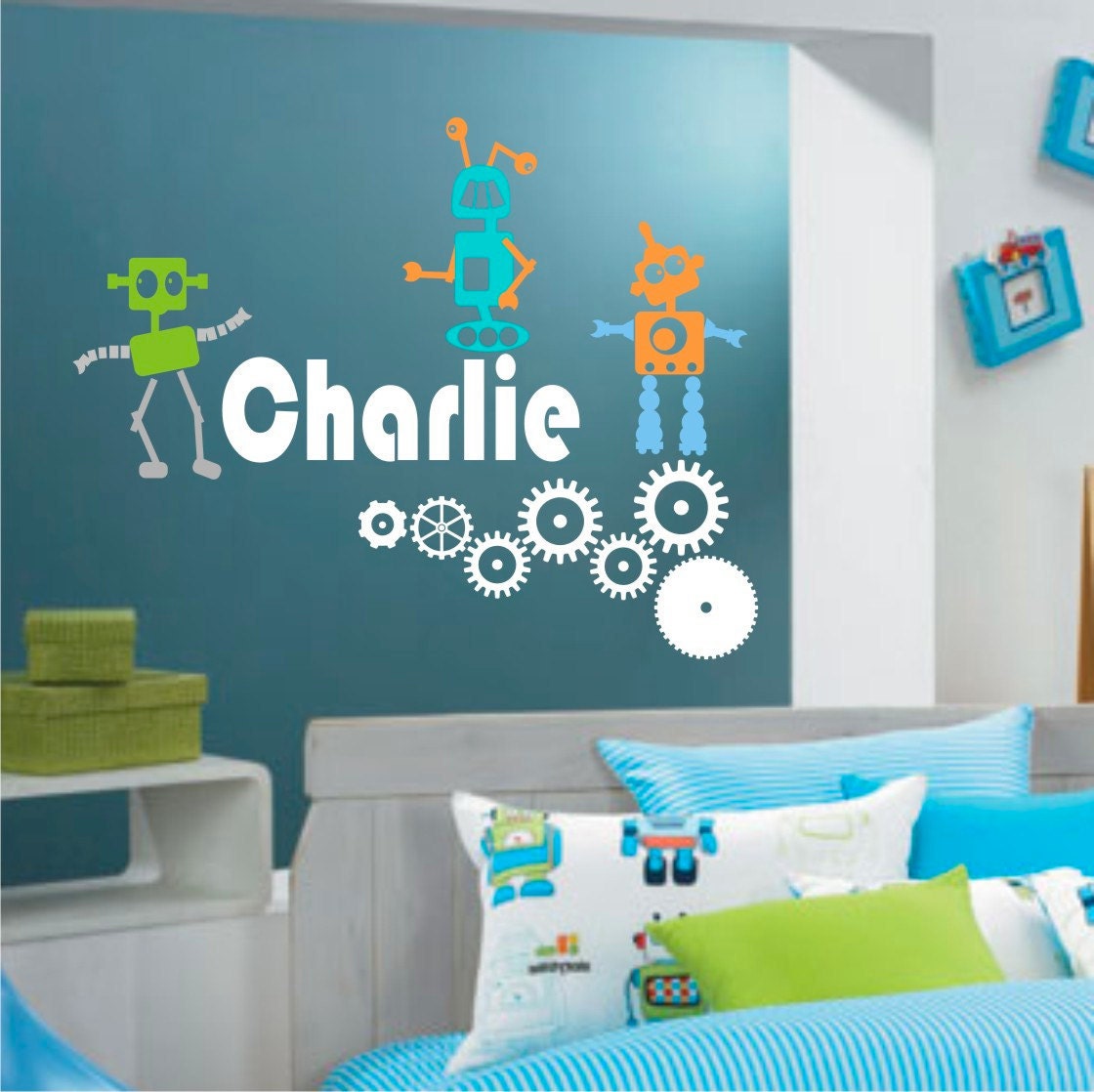 ROBOTS - vinyl robots- gears and personalized text or name