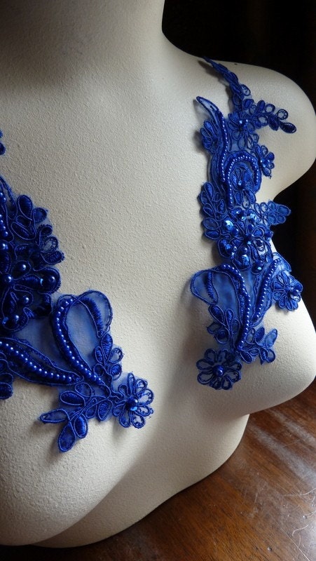Beaded and Embroidered Organza Lace Applique Pair in Cobalt Blue for Bridal, Headbands, Sashes, Costume Design PR 108