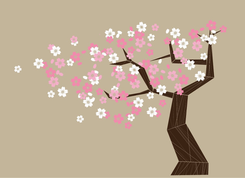 Cherry Blossom Modern Tree Vinyl Wall Decal- Flower Tree Graphic, Sticker, item 30031