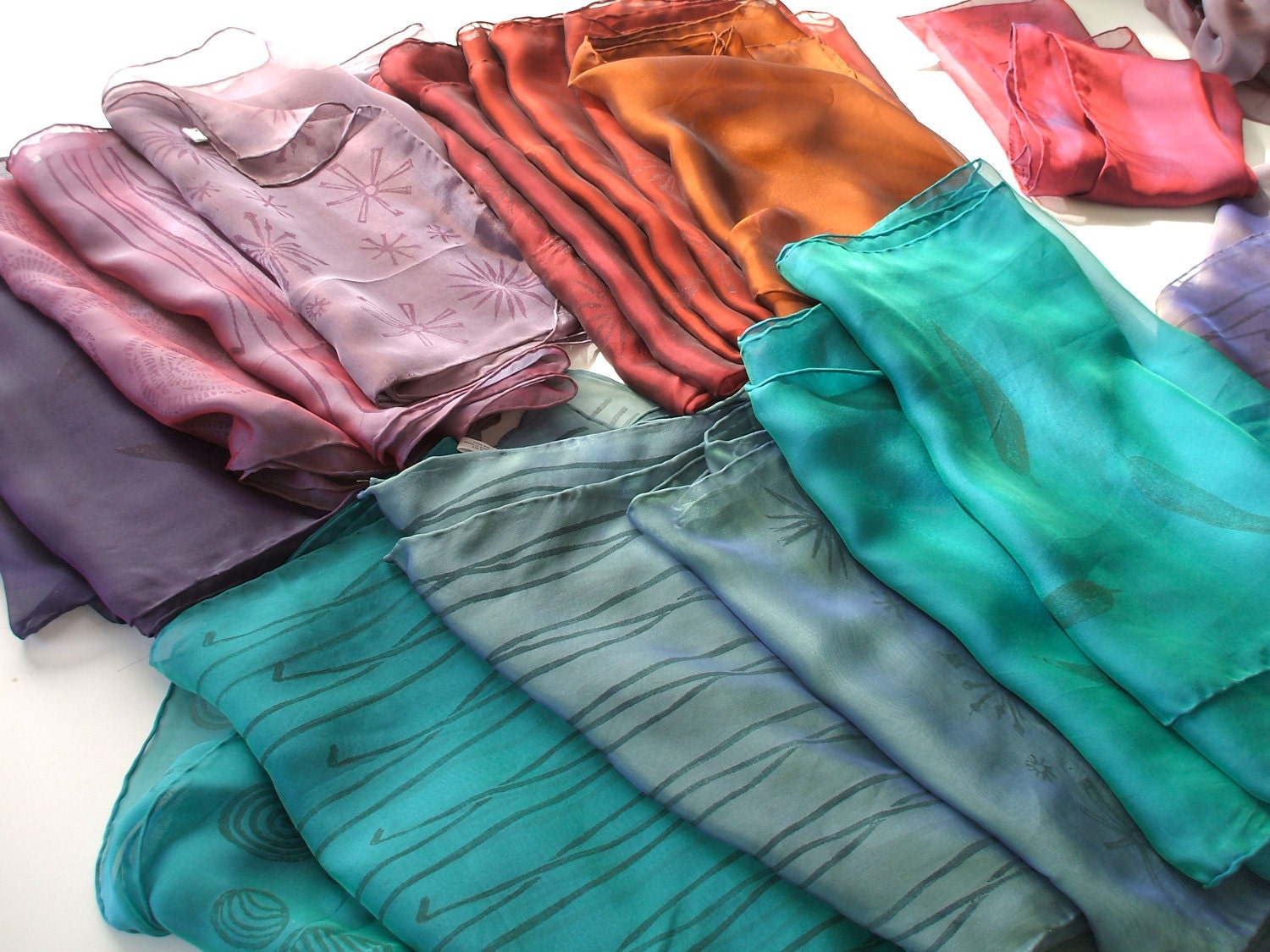 Handprinted, Iridescent Silk Chiffon Shawl, 26 x 81 inches