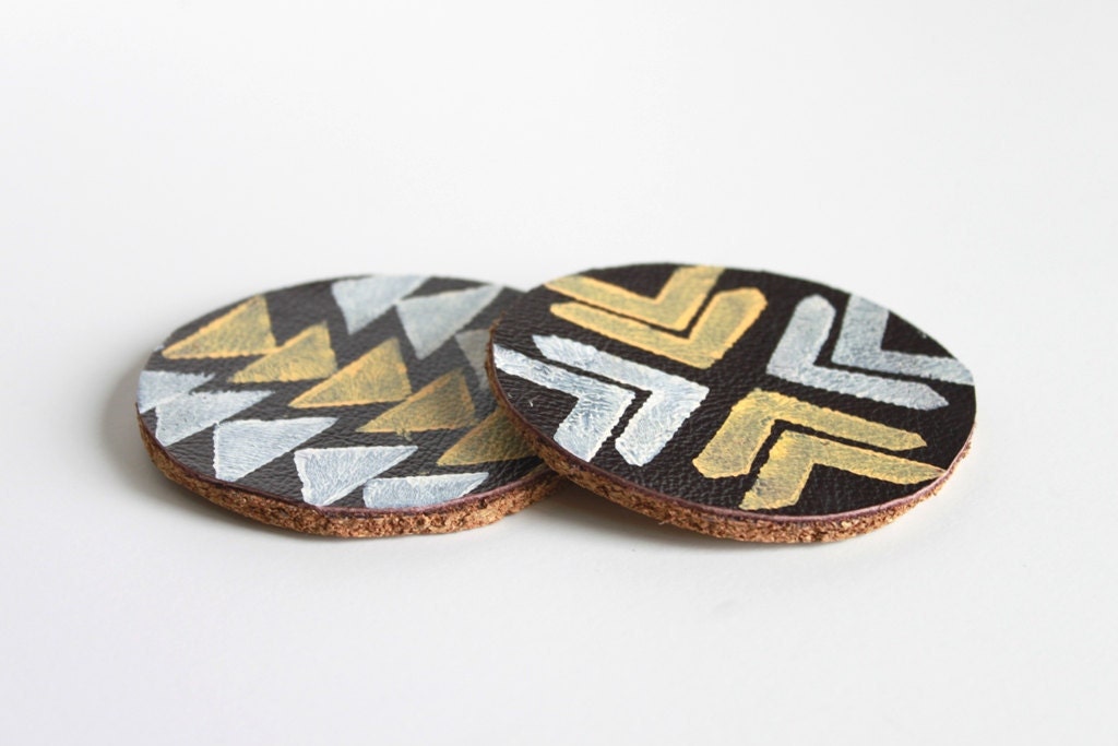 Leather and Cork Hand Stamped Coasters.  Tribal Pattern in Mustard Yellow and White.  Mug Coaster. Home Decor. Gold.