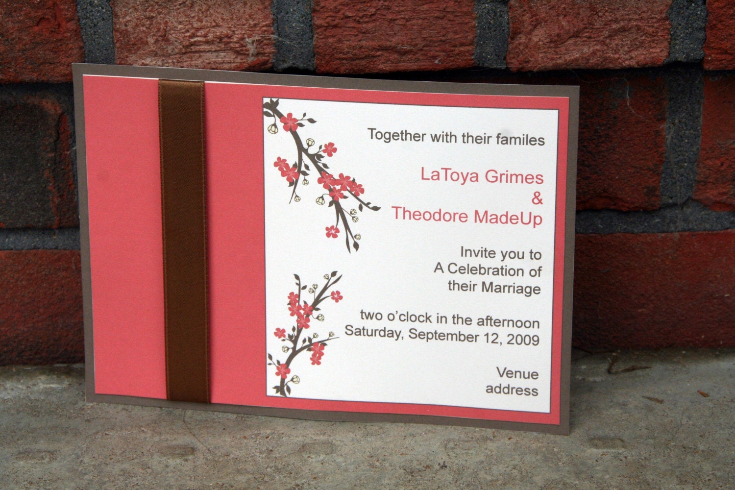 Coral and Brown Ribbon Cherry Blossom Wedding Invitation