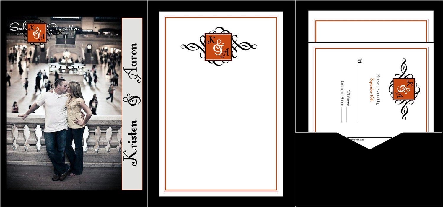 GORGEOUS AND CHIC Orange and Black Wedding Pocket Invitation