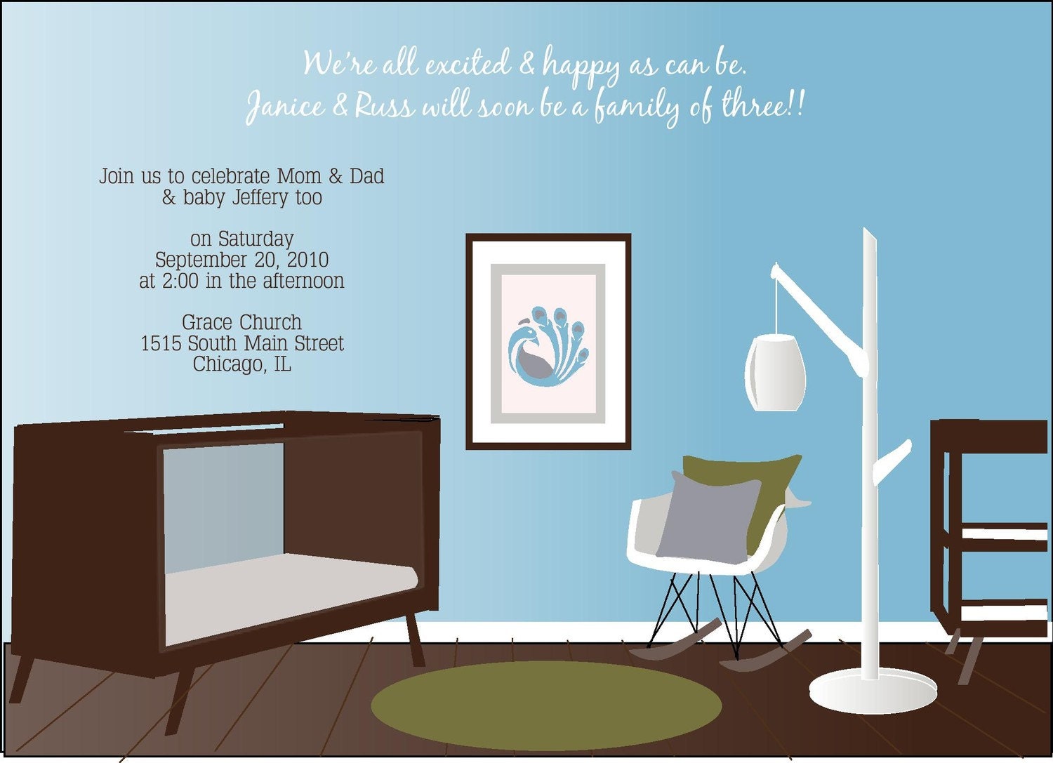 Adorable Modern and Chic  Vintage Inspired Peacock Baby Nursery Shower Invitation