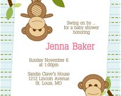 Sweet Gender Neutral Swinging and Hanging Monkey Baby Shower Invitation