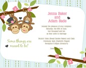 Fun NonTraditional Blue Green Pink Bride and Groom Monkey Couple Wedding Invitation