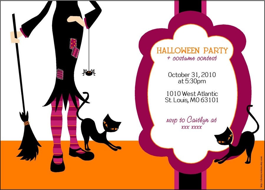 Adorable Black Orange and Magenta Halloween Cat Broom Witch Party Celebration Invitation