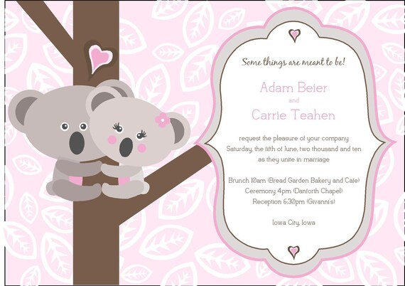 Fun NonTraditional Gray Pink Brown Koala Bride and Groom Couple Wedding Invitation