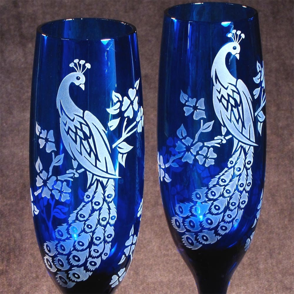 Peacock Wedding Champagne Flutes, Cobalt Blue Personalized Engraved
