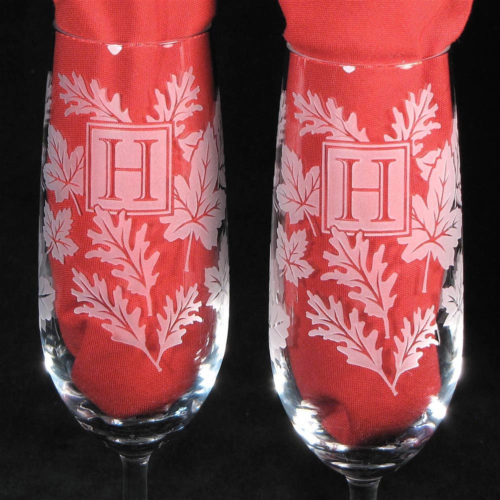 Monogrammed Champagne Flutes, Fall Wedding, Engraved Personalized