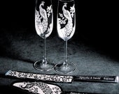 Wedding Cake Server and Knife, Champagne Flute Set Personalized Engraved Peacock