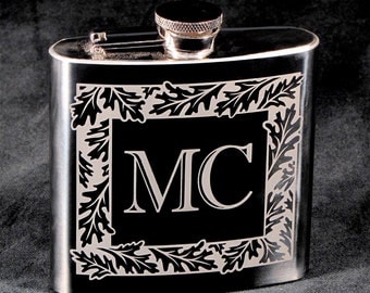 7 Gifts for Groomsmen Flasks, Monogrammed Oak Design, Wedding Flasks