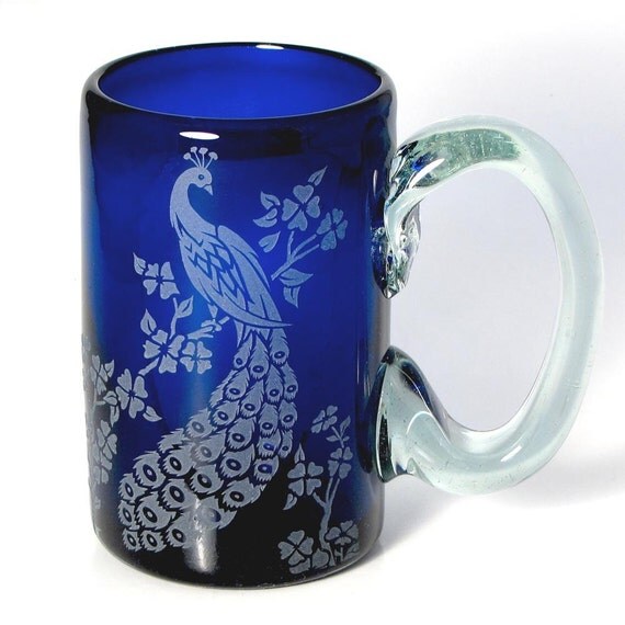 Special Edition Peacock Wedding Cobalt Blue Mug, Etched Glass
