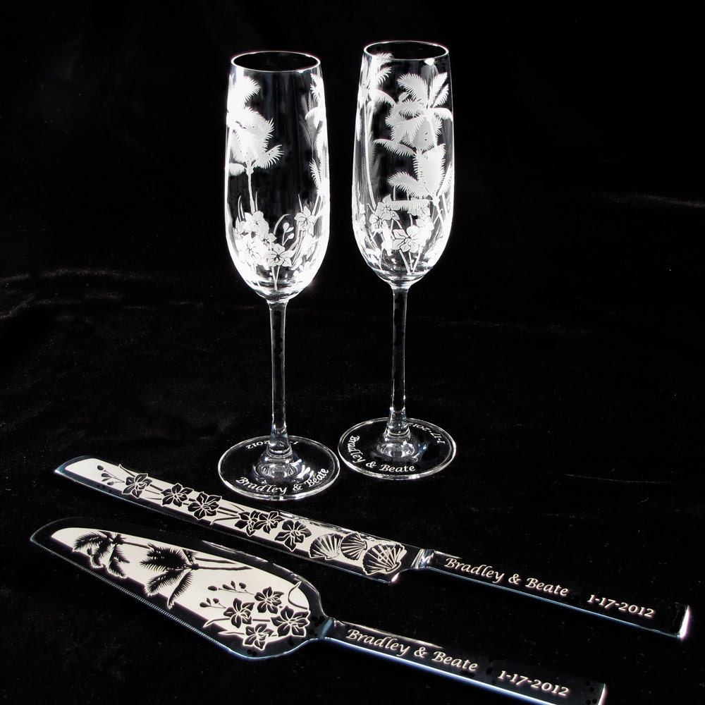 Personalized Wedding Cake Server and Knife, Champagne Flutes, Tropical Theme Wedding