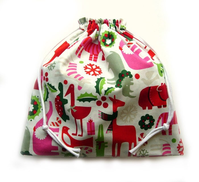 Black Friday Sale - Wild Kingdom Christmas Drawstring Bag - Knitting Crochet or Gift Bag - Perfect Gift or Stocking Stuffer