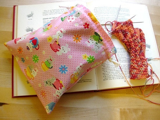 Pink Bunny Tea Party Knitting / Crafting / Gift Bag - Memorial Day Clearance