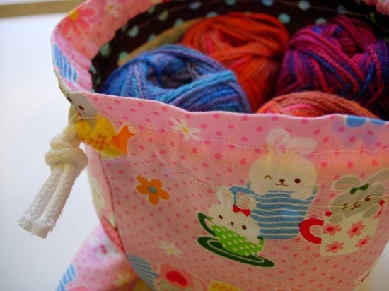 Pink Bunny Tea Party Knitting / Crafting / Gift Bag - Memorial Day Clearance