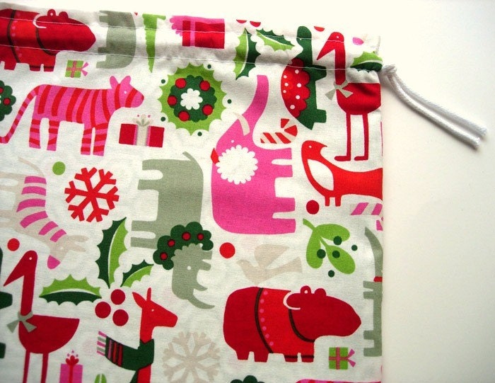 Black Friday Sale - Wild Kingdom Christmas Drawstring Bag - Knitting Crochet or Gift Bag - Perfect Gift or Stocking Stuffer