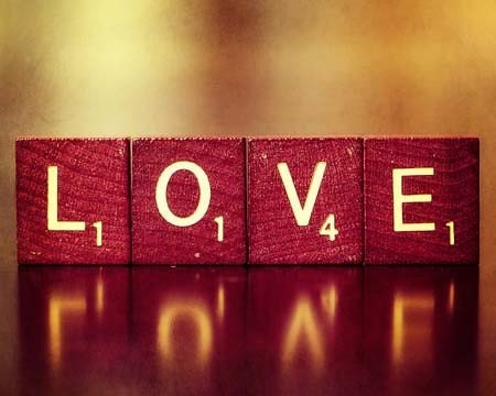 Large Fine Art Scrabble Photograph - Love Is A Beautiful Word II - Dark Red Yellow Romantic Letters - 11x14
