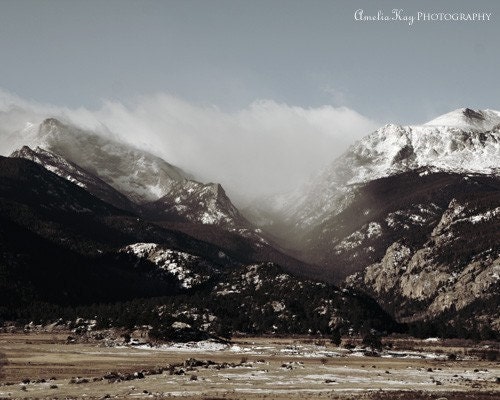 Rocky Mountain Landscape Photograph - pastel spring snow vacation grey sky dark chocolate green grass field valley tan - Snow Couds 16x20