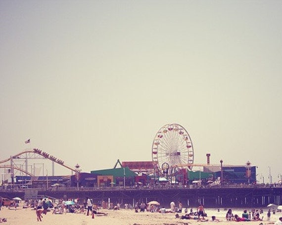 Beach Carnival Travel Photograph - Santa Monica Pier California Pacific Ocean nautical zen grey silver teal black lilac - 20x24