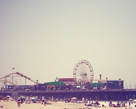 Beach Carnival Travel Photograph - Santa Monica Pier California Pacific Ocean nautical zen grey silver teal black lilac - 20x24