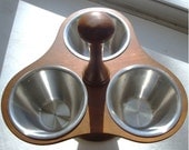 Wood Stainless Serving Tray, Mid century Lazy Susan,  Condiment Tray, Serving Piece, Stainless Bowls, Industrial Moderne,