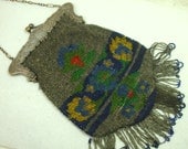 Antique Beaded Bag, Ornate German Silver Frame, Victorian , Full Fringe Original, Silver Chain, Grey Blue Glass, Early