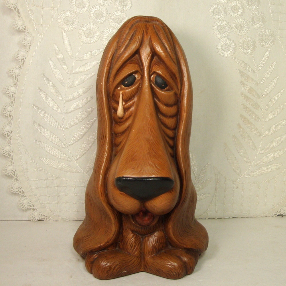 Crying Dog Piggy Bank, Kitsch Penny Bank POOCH Figurine, 1970s Brown Dog, Hound Dog Long Ears